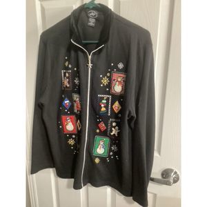 womens Moving Bleu full zip christmas sweater XL black VTG